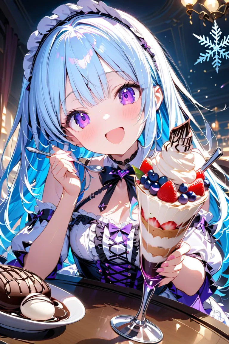 masterpiece,amazing quality,best quality,ultra-detailed,8k,illustration,CG,　 1girl , drawn on the beautiful board、 Lolita Style, light blue hair color ,long hair,  purple and white gothic lolita clothes,purple eyes,Eat chocolate parfait,　Eat parfait, table...