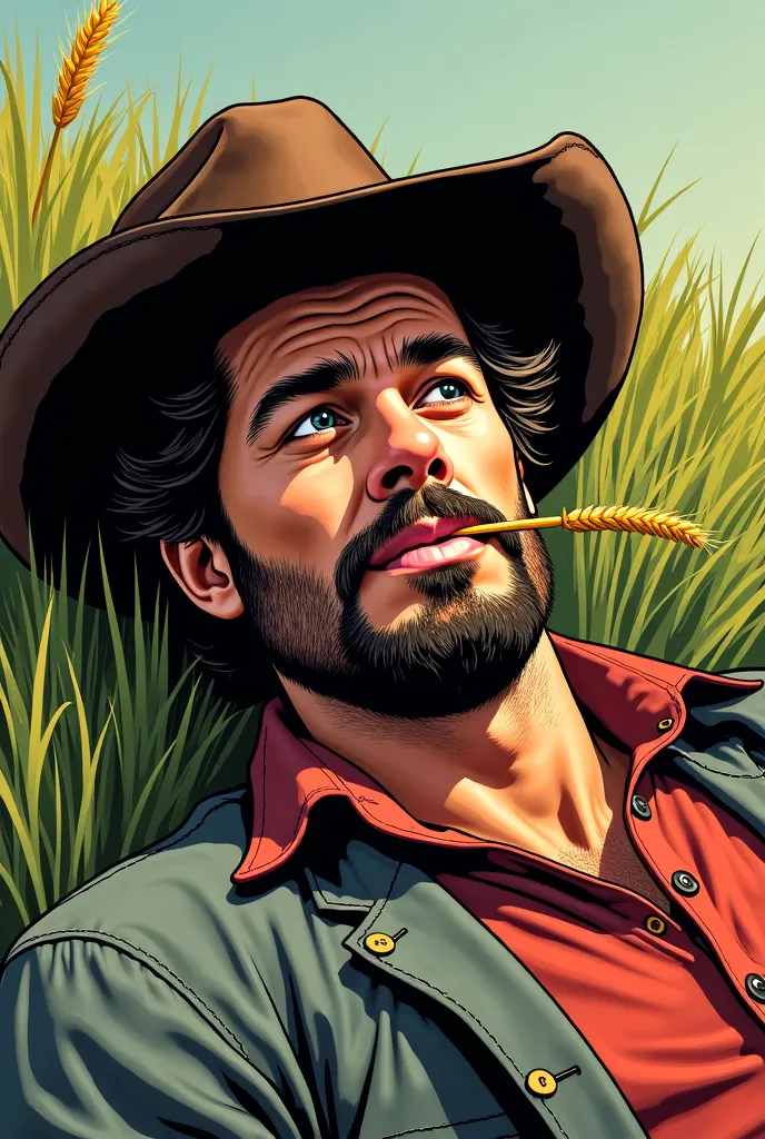 Can you make a character in detailed semi-realistic style with graphic novel influence style who is a cowboy with dark brown hair  with wheat in his mouth lying on grass