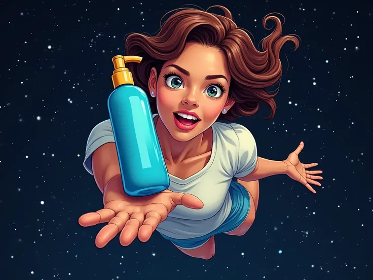 Woman in short sleeves floating in space reaches out to show off a blue bottle of sunscreen product，Adult body proportions front view， comic style 