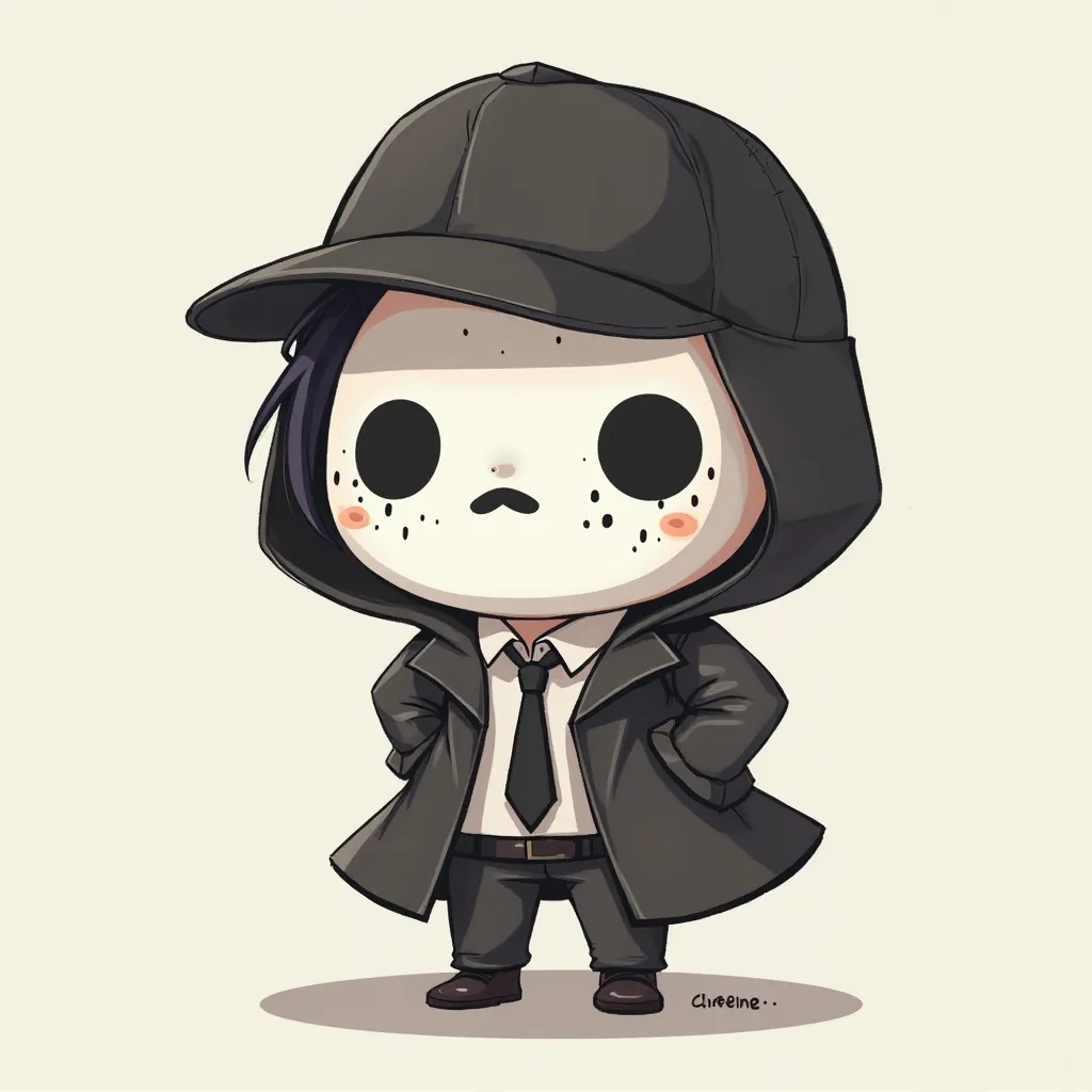 A cute chibi-style character, designed as a mysterious investigator. The character wears a white mask with black spots forming a dot of centralized interrogation. The mask covers the entire face. They wear a classic detective hat,  slightly tilted . The co...