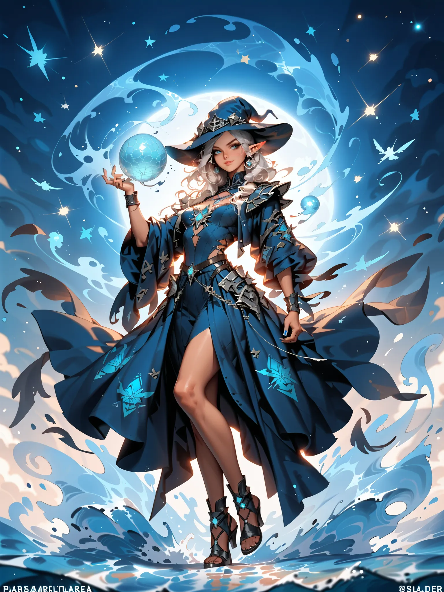 ((Image of a powerful sorceress in dynamic pose shooting a blue glowing water sphere from her hand, cinematic lighting))、mature witch(Suspicious Smile ,  Silver Hair,brown skin,slender,curved proportions),(from front, full body, look at viewer)。
enchanting...