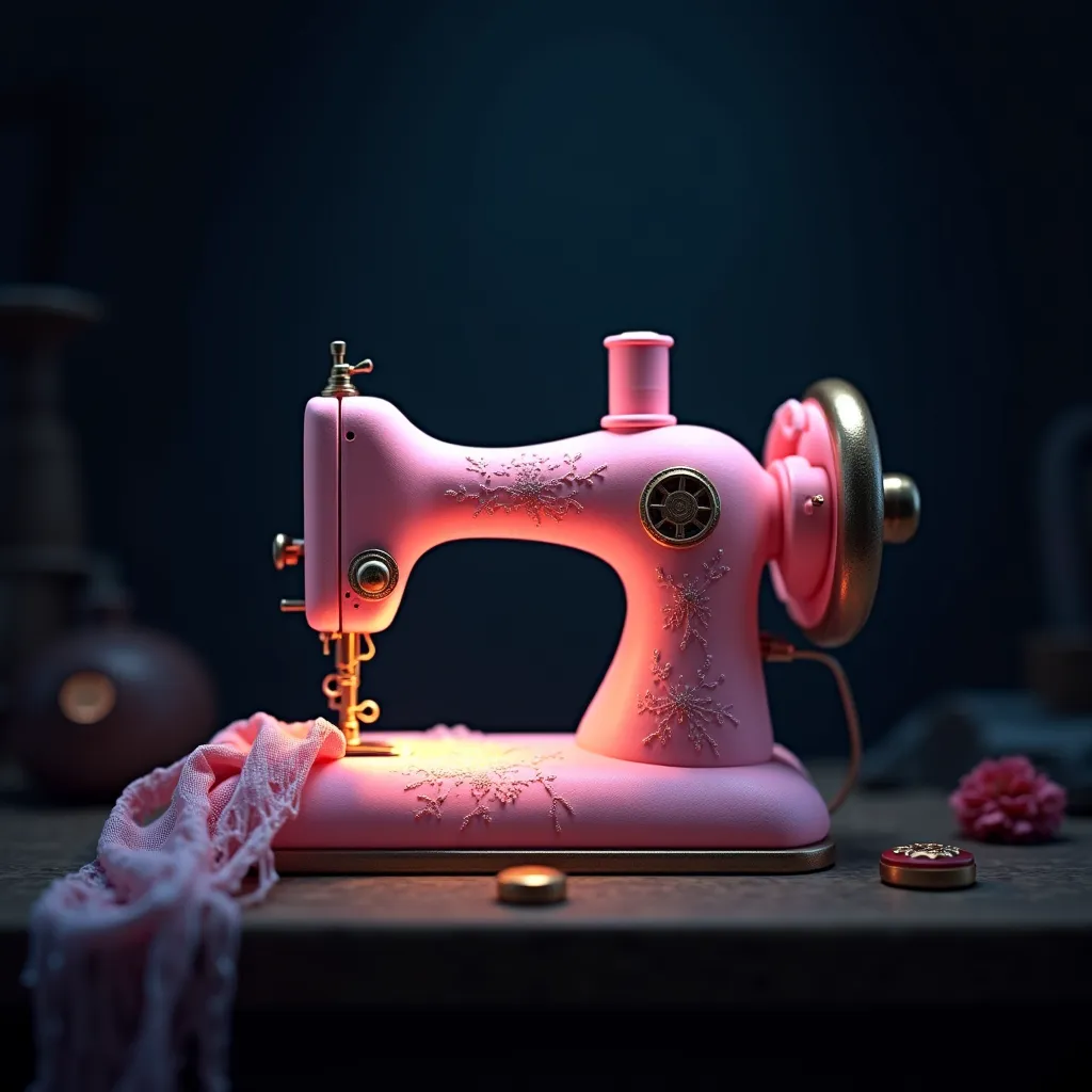 A light pink sewing machine in a dark environment