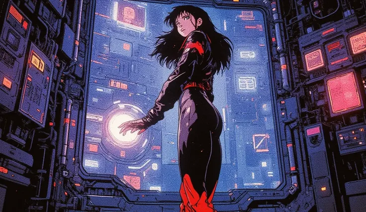 Masamune Shirow's Ghost in the Shell style blended with 80s/90s anime aesthetics like Akira, a full-body anime character from the top of her head to the tips of her feet with a sporty, athletic physique and toned curves, positioned centrally in a wide comp...