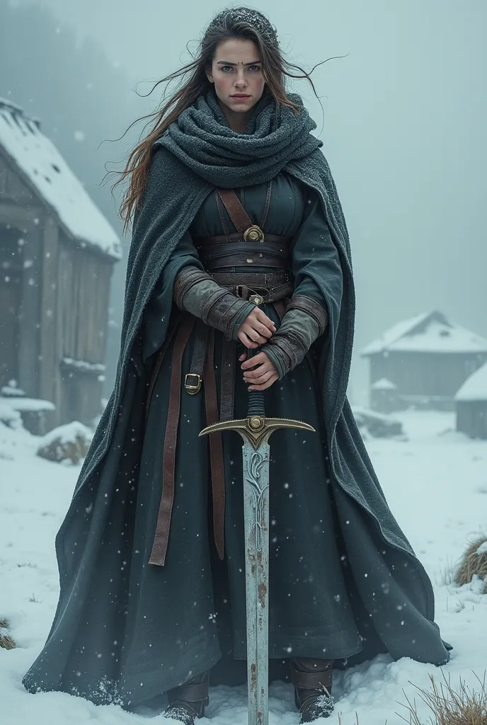 A  broken woman with a sword in a snow