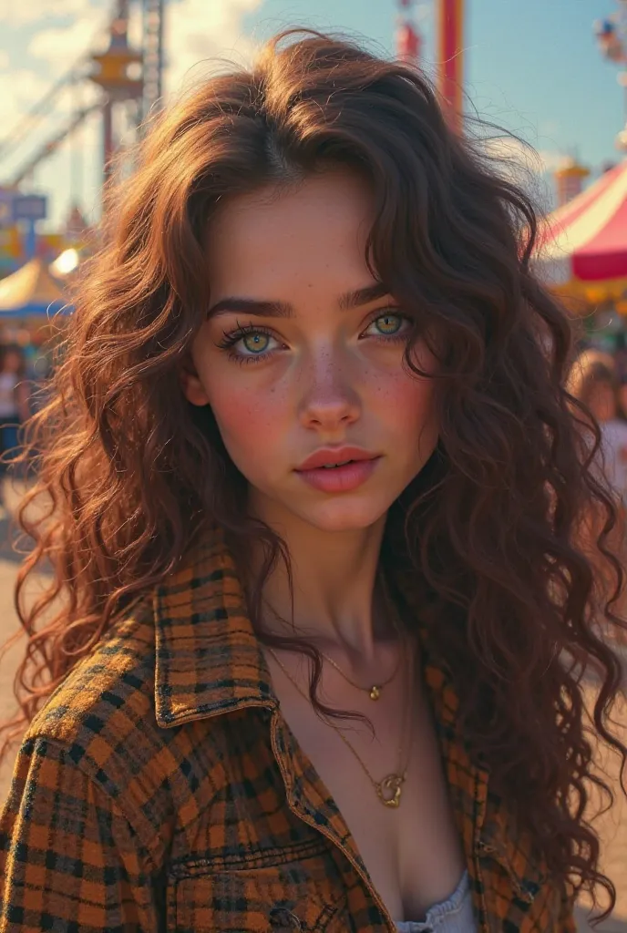 A very beautiful girl with gray eyes smiling, wide eyelashes, white skin, very thick hair, curly curly , . The fun park. She wears a brown plaid jacket