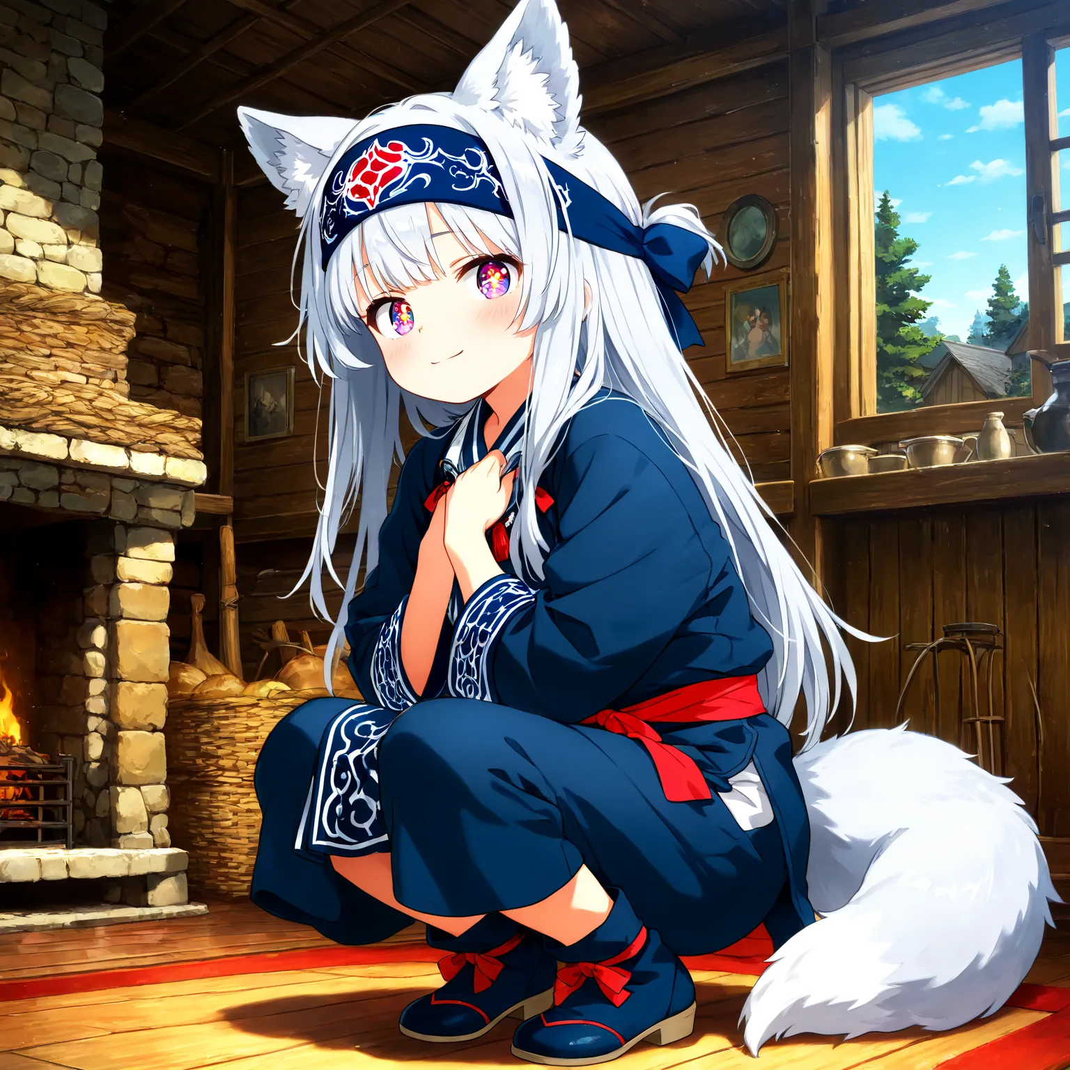 high quality, beautiful image quality over the right shoulder, detailed image quality, anime style, full body illustration,  girl, slender figure, long silver hair,  fox ears, tail, odd-eye, Red right eye, gray left eye , beautiful eyes,  innocent face , w...