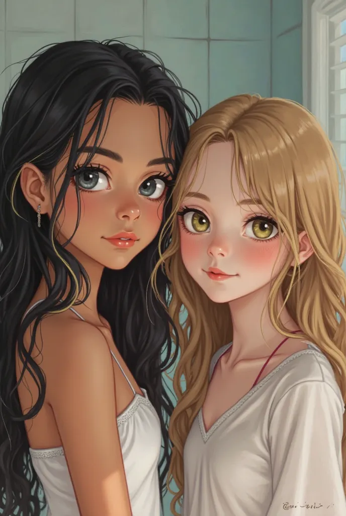  white-skinned girl with long black hair with blond highlights and deep gray eyes outlined with curly eyelashes and with a  white-skinned girl with long brown hair and yellow eyes and another  girl with white skin blond hair blue eyes together in the bathr...