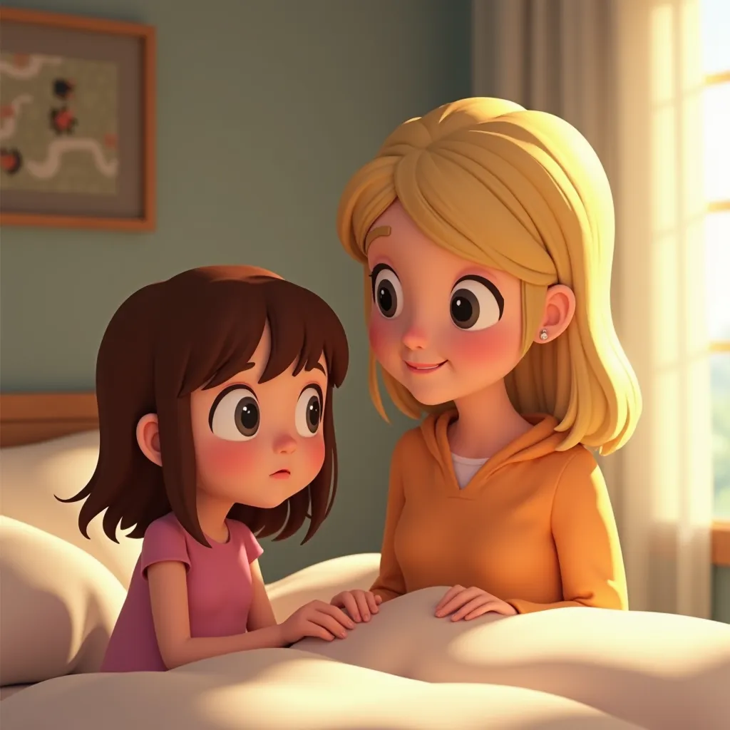 A  girl with shoulder-length brown hair with bangs wakes up in the morning with her mother, a blonde with shoulder-length hair. animated imagine 3d