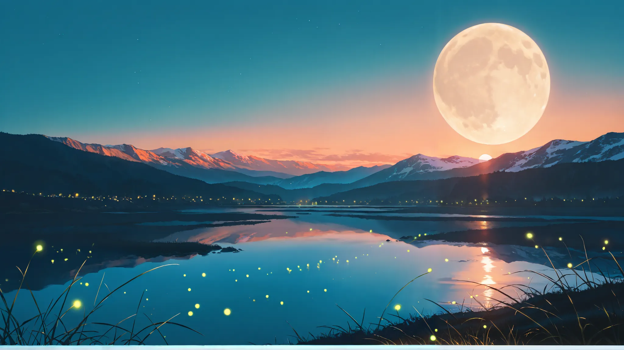 landscape: deep background  с небом пронзительного цвета, calm down the smooth surface of the blue sea, spring, everything melts, evening, Cold, Pale golden Moon,  Zarya , fireflies and sparks, deep background , background depth, 2D image volume
