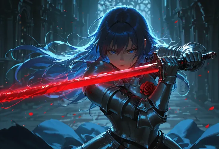 epic cinematography female knight, blood sword, rose katana, epic anime scene wallpaper, epic, detailed fantasy female knight, realistic face, serious expression, armor, holding blood sword, rose katana, epic cinematic lighting, moody atmosphere, dark medi...