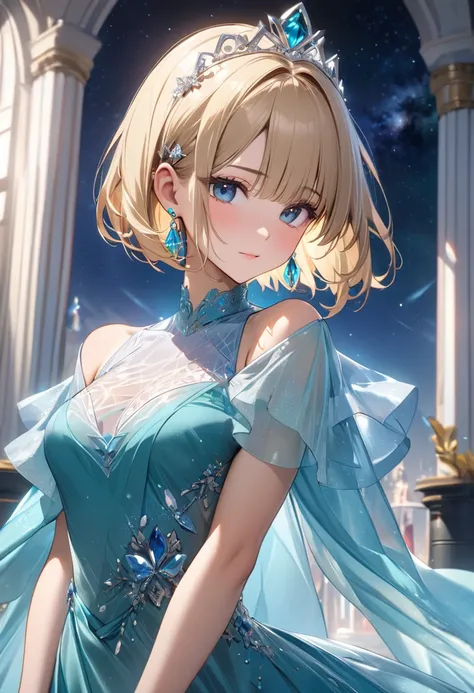 ((masterpiece)), (textured skin), ((advanced details)), best quality, Award-winning, 8k, beautiful woman,  Silk Dress, Noble, princess,  queen, blond with a big face, half up,  hair flutters ,  jewelry tiara , Crystal Earrings, Sharp focus A beautiful woma...