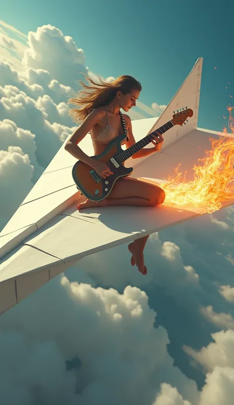 Ride on a giant paper airplane、A beautiful woman wearing a tiny bikini、is playing an electric guitar that is burning with flames rising。