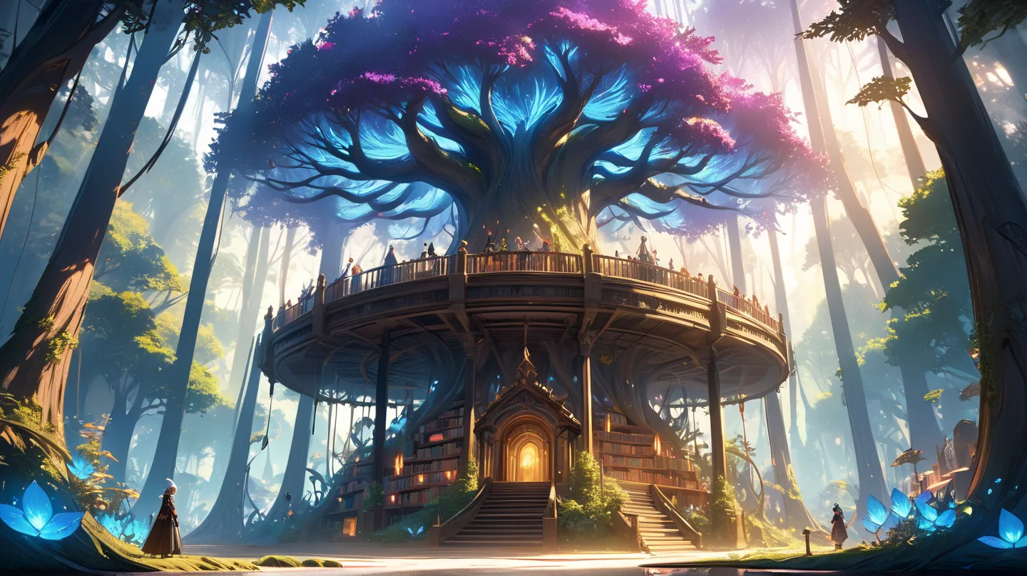 
anime style、Fantasy Scenery: " fantastic, Tall Tree々A library full of,、 Indirect Lighting, Mysterious miscellaneous goods、." Beautiful blue-haired elf,,
