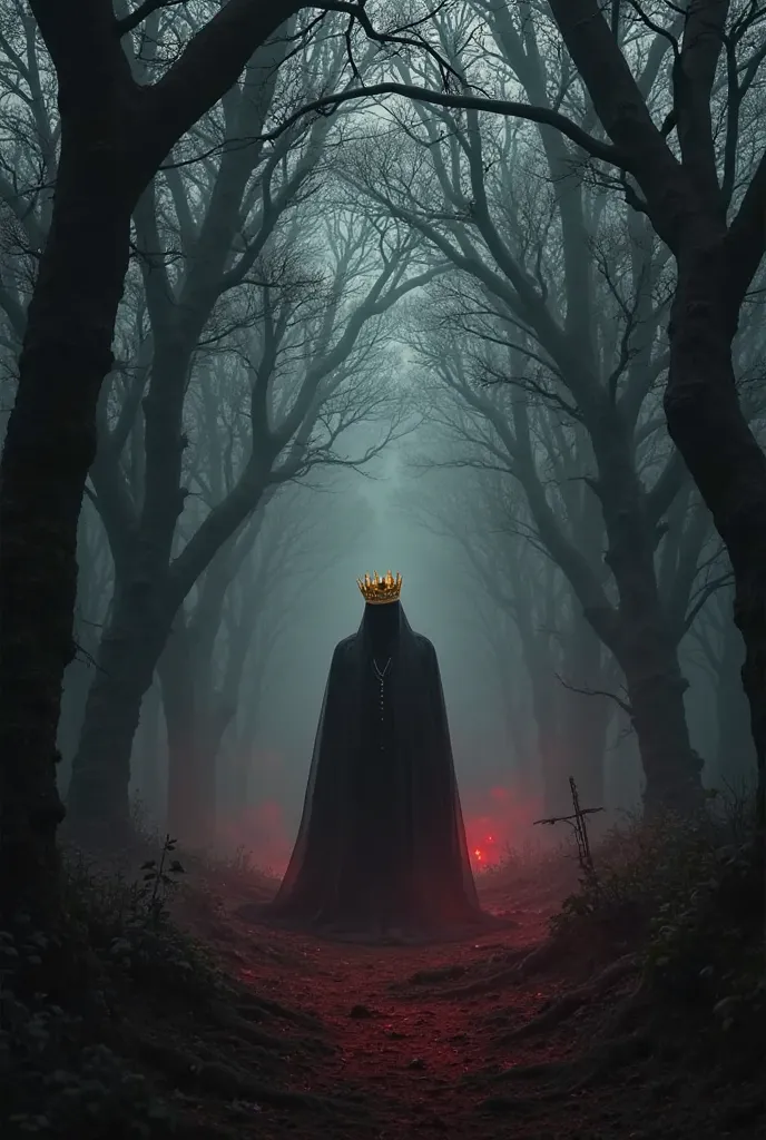 A dark and mysterious forest with dense, twisted trees shrouded in mist. In the center, a shadowy figure of a sad prince wearing a yellow crown, standing with a sorrowful expression. The overall atmosphere is ominous and haunting, with a color palette domi...