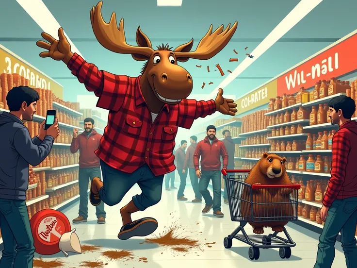   (Cartoonish, exaggerated, and highly detailed illustration of a chaotic scene in a Walmart in Canada.) A giant moose wearing a flannel shirt runs wild through the aisles, knocking over displays of maple syrup and hockey sticks. Shoppers in plaid shirts a...