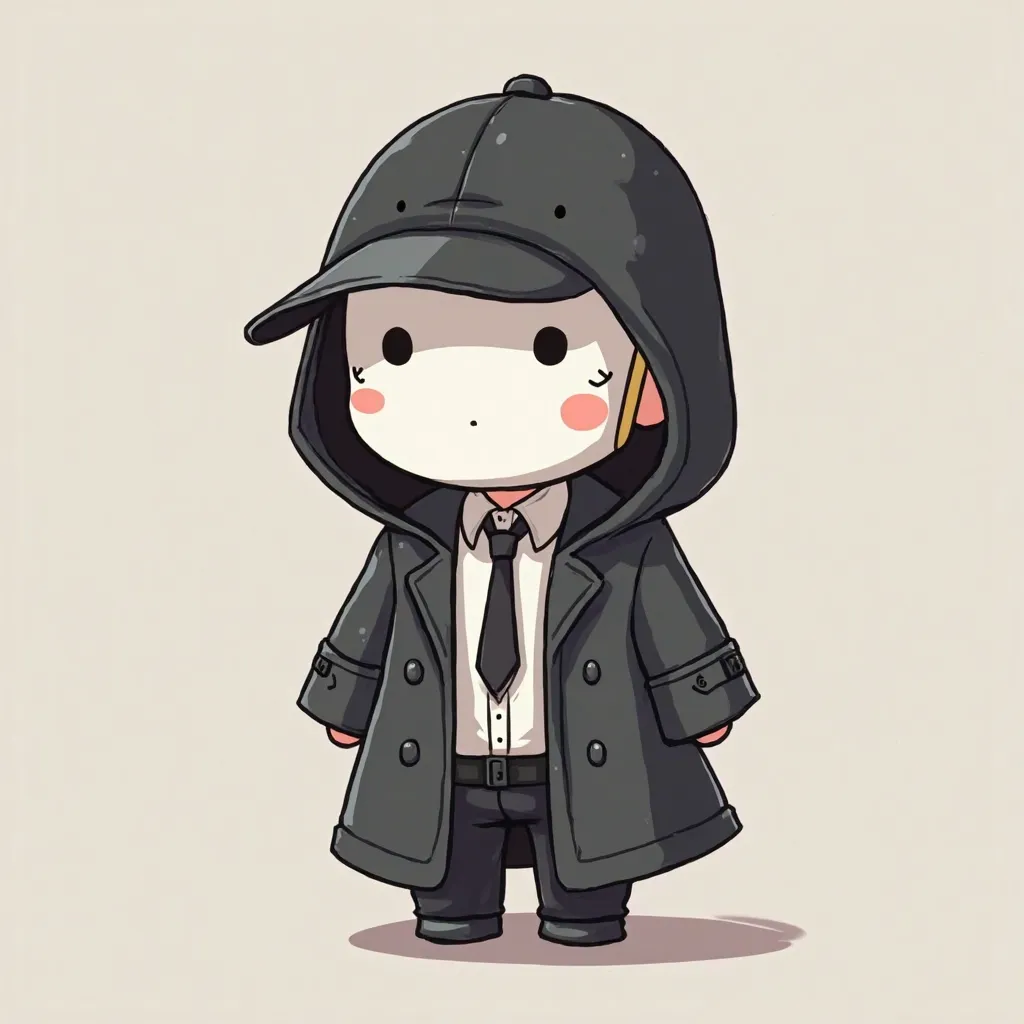 A cute chibi-style character, designed as a mysterious investigator. The character wears a white mask. The mask covers the entire face. They wear a classic detective hat,  slightly tilted . The costume consists of a black raincoat, a white shirt, and a loo...