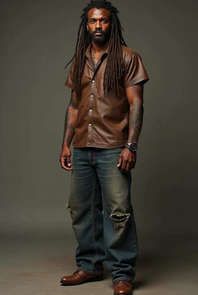 a man of not so light or dark skin with Dreads, Wear a brown leather blouse, a wide denim pants half dirty on the knees and small ripped, a dark brown leather boot with dragon embroidery, a very realistic scar in the shape of a ray on the arm, 39 years old