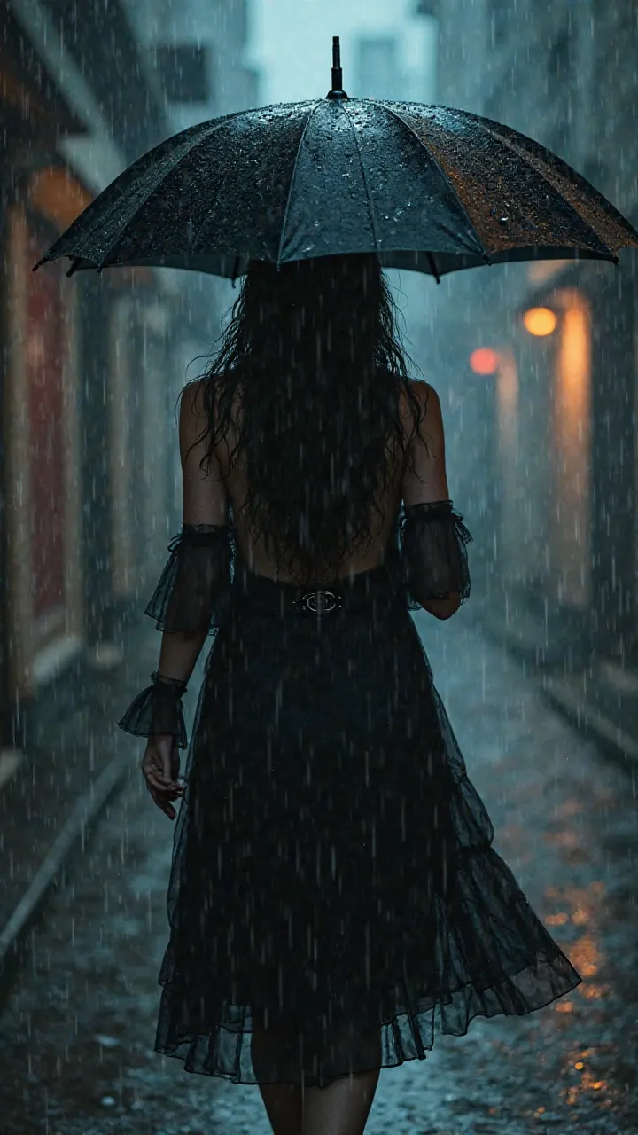 Gothic woman, black wet hair, black lipstick, dark wet clothes, She comes towards you, walking in the street while the rain pours down. dark colors, rain and lightning, she holds an umbrella over her head