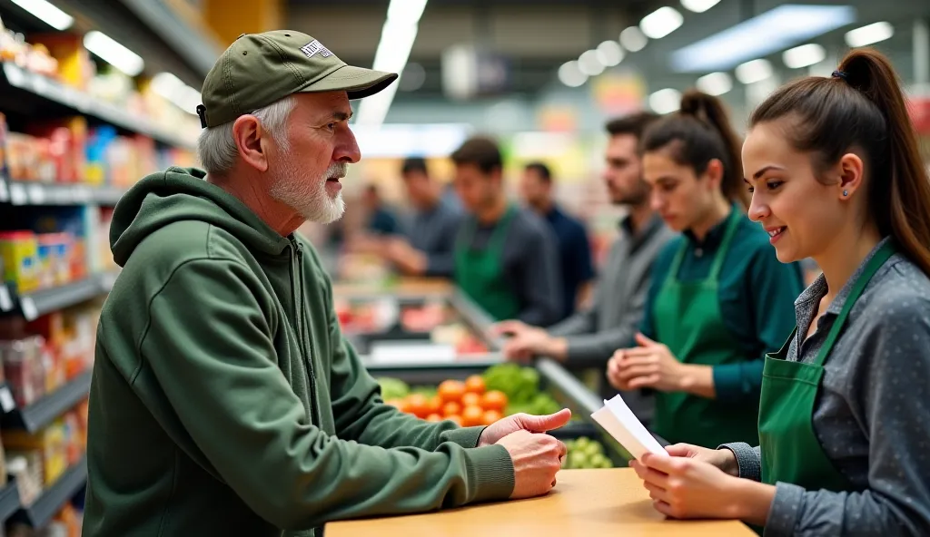 In a well-lit grocery store, a group of well-dressed customers in the background smirk and mock a poor, middle-aged man at the checkout counter. The man, wearing a worn-out green hoodie and cap, looks distressed. A young female cashier in a green apron, wi...