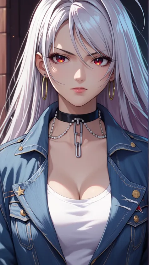 vampire moka akashiya, long hair, red eyes, ahoge, white hair, large breasts, distressed denim jacket with patches and pins, paired with black skinny jeans and combat boots, Accessories: silver hoop earrings and a black choker necklace, open neckline,