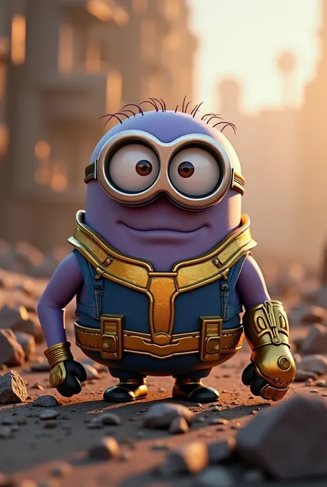 A Minion characterized as Thanos, maintaining the typical Minions, Like big eyes. shape and facial features. He wears an adapted version of Thanos' golden armor and wears the Infinity Gauntlet on one of his hands. The setting is an epic scene from the movi...