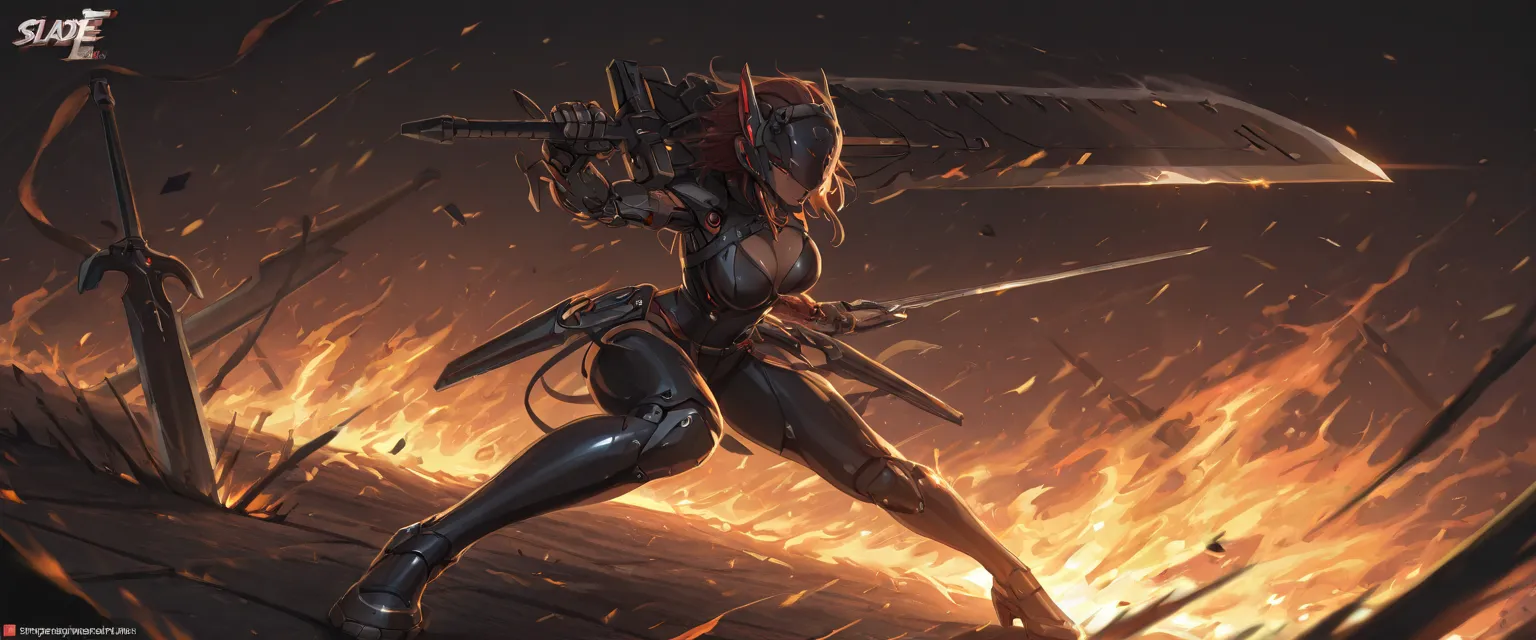 (best quality), high detailed, holding sword, high quality sword, (big weapon), (buby blade:1.2), beautiful blade, (attack stance), action pose, oversized iron sword, Girl, mechanical arm, burning arm, Slash, serious, cyber armed gear, full face cyber head...