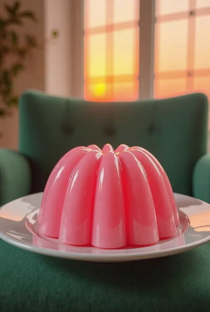 frontal photography: here is a pink jelly cake on a green chair with a white plate, at sunset time, placed in a living room, ( ( ( armchair ) ) ) ), professional studio photo, surreal object photography, sunset atmosphere