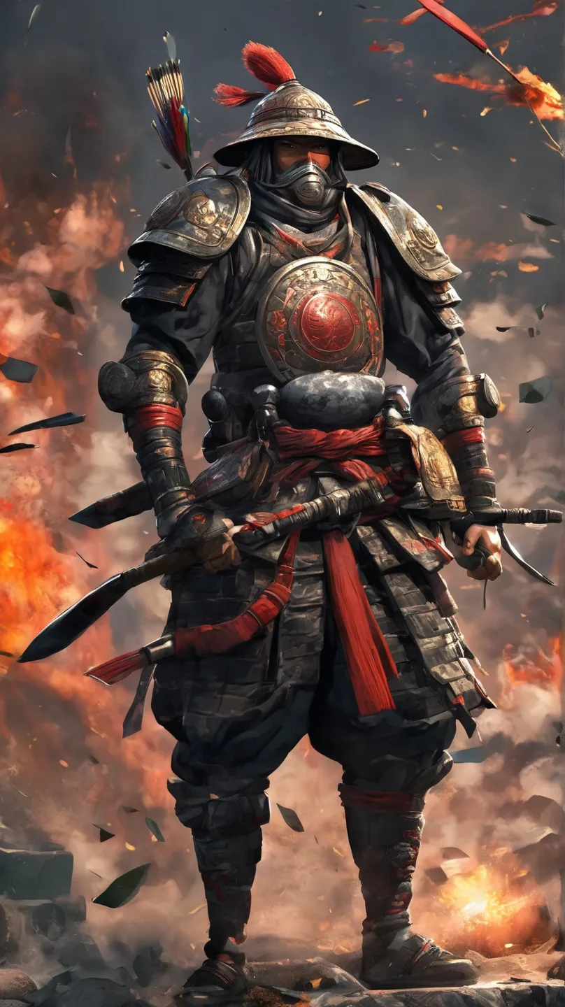 An ancient Japanese ashigaru (foot soldier) in a dramatic anime style, wearing a black and gray uniform with a circular horoku (Roasted jade, ceramic grenade) emblem prominently displayed on his chest. His face is fully visible, exuding a focused and deter...