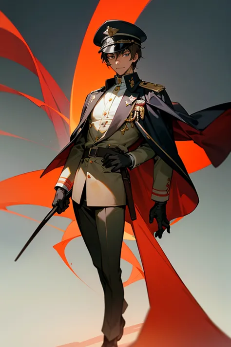 Brown Skin, Young Male Adult, he has medium or short hair, he seems evil, he is a military general, Decorated war veteran, Anime, he is wearing gloves, and has on a general hat, wearing a cape, He looks like he’s walking
