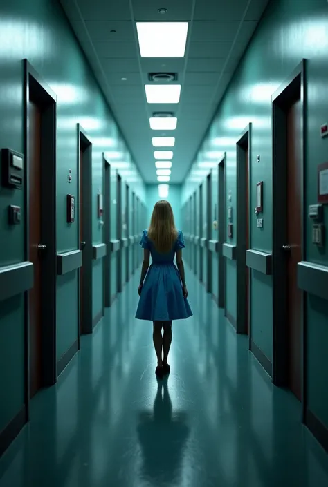 I create an image of Alice in Wonderland with her in the middle of a gloomy hospital corridor with many doors and surrounded by doctors with different expressions and emotions dark and that the doctors are the blue caterpillar, Pinocchio, Cinderella, the s...