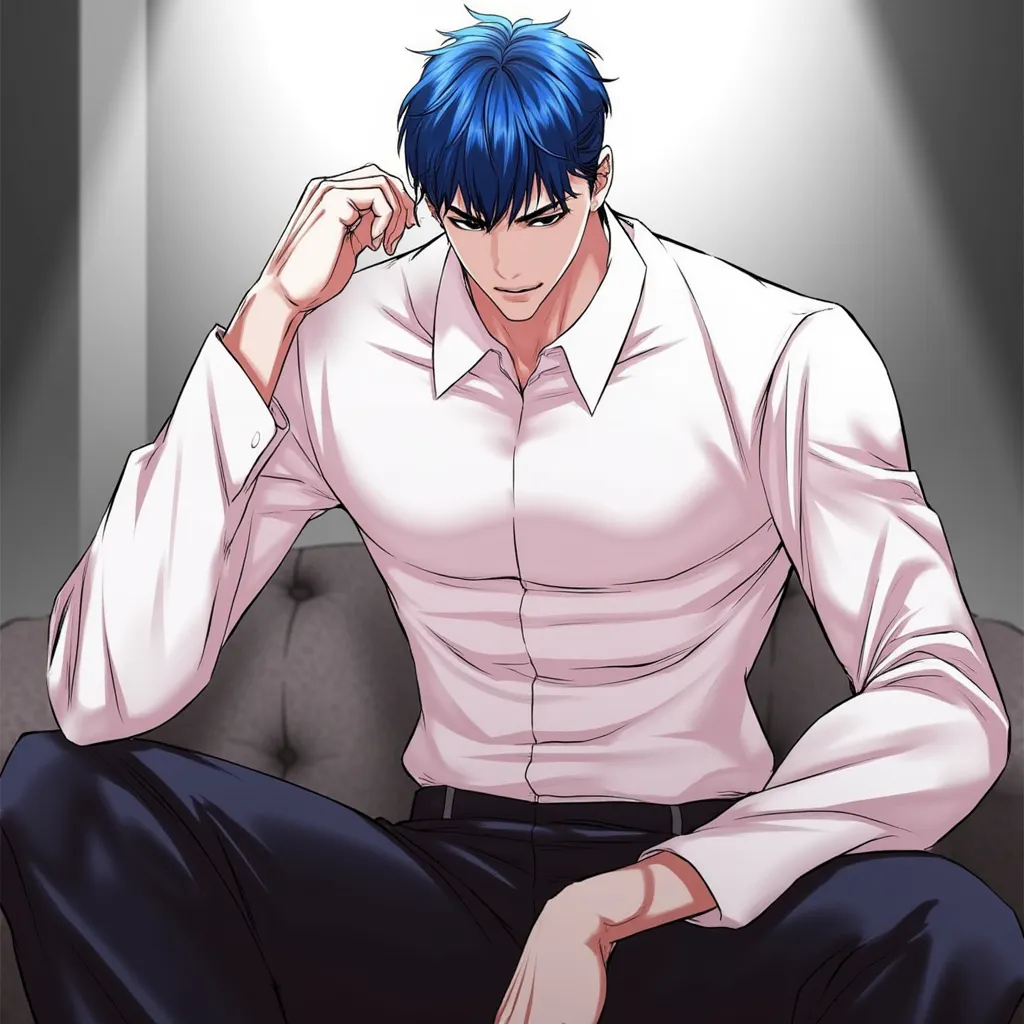 Inner scene "look" Manga with tall male character, athletic figure Very handsome face Skinhead hair Fade blue hair Sharp angular facial features , Elegant tall male figure, White men's fashion shirt Slim dark clothing, Confident and relaxed posture, strong...