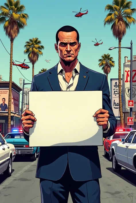 Michael De Santa, from the game GTA V, illustrated in the striking line of John Romita Jr.,  with strong outlines , dramatic shadows and a style inspired by classic comics. He is facing the image, environment wearing his dark blue suit with a light shirt a...