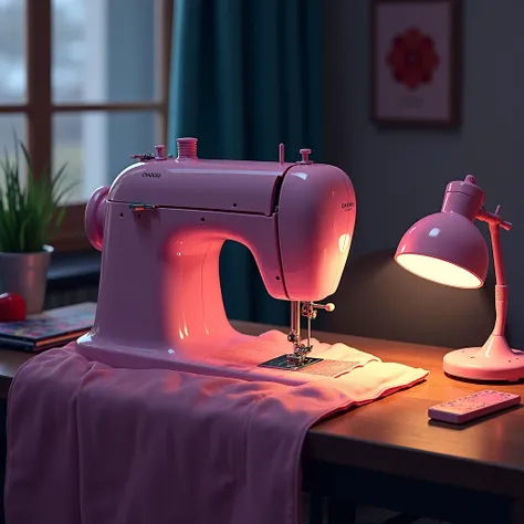 A drawing of a light pink sewing machine in a dark cozy apartment