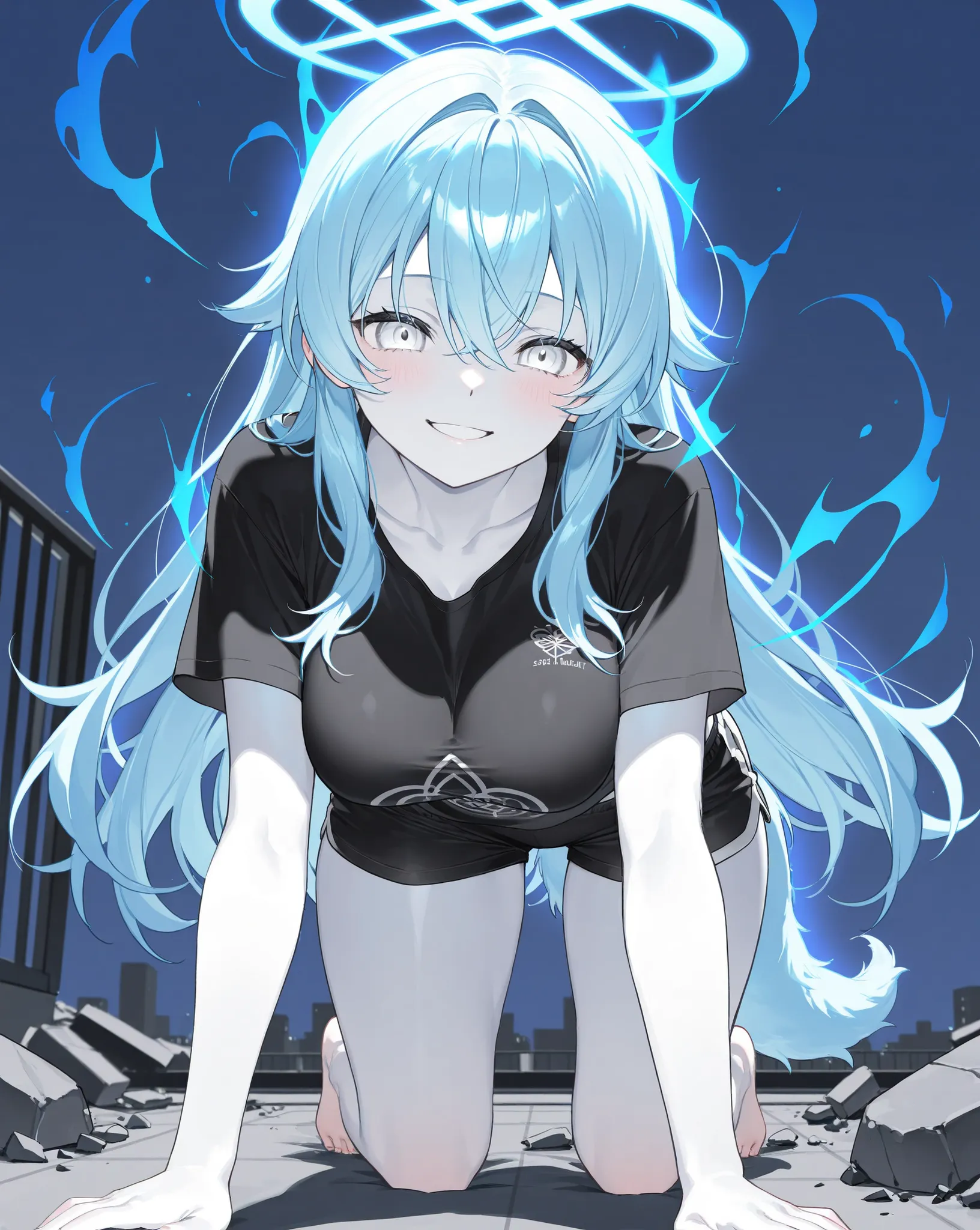 best image quality、Hi-Res、 diamond blue hair 、white eyes、、rooftop、  BLACK HIM T-SHIRT 、beautiful breasts、  best thighs、Blue aura、 long hair、best image quality、floating rubble、black shorts、 white skin、 the royal family、、The smile I want to protect、 best smi...