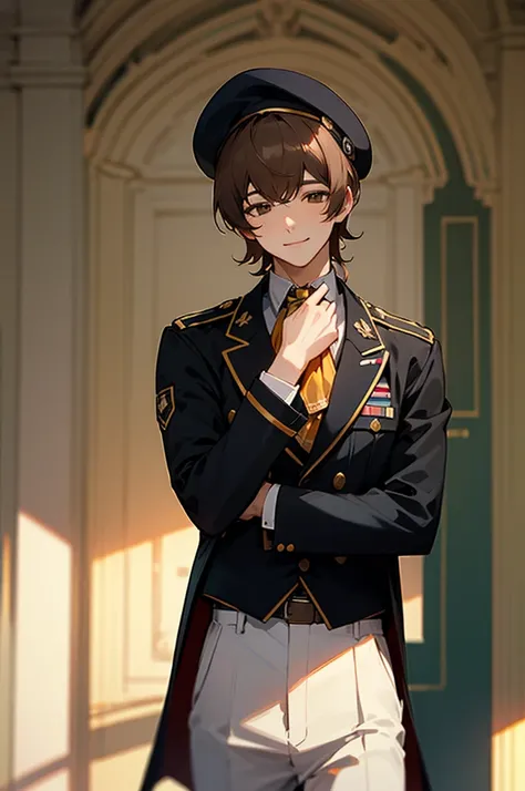 Masterpiece,High quality,Solo,Indoors, Smile, Frederick,1 man, mid hair,Brown hair,bangs,Brown eyes, beret, ascot,army suit,Black jacket, White pants,
