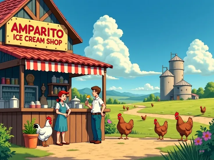 Peasant family in an ice cream shop with a sign that says  "Amparito Ice Cream Shop "  with a soft ice cream in your hand, The landscape is rural countryside, hens, sowing, an old concrete silo .  studio ghibli anime style 