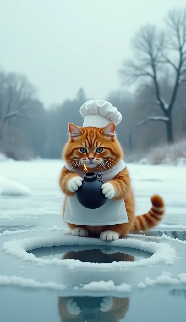 A highly detailed, realistic winter scene featuring a chubby, fluffy orange cat with soft fur, white paws, and a striped tail, dressed as a chef with a large white chef’s hat and a clean white apron. The cat is standing on a vast frozen lake, surrounded by...