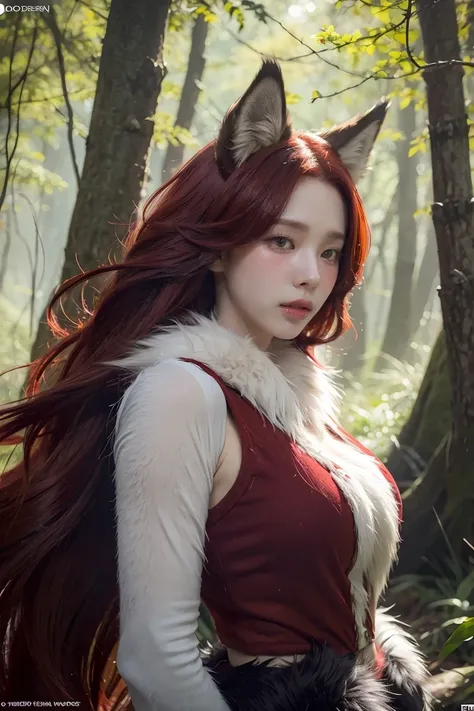 araffe with red hair and a furry tail in the woods, a digital painting by Daarken, cgsociety contest winner, furry art, very very beautiful furry art, dramatic cinematic detailed fur, furry fantasy art, loish and wlop, anthro art, furry wolf, pov furry art...