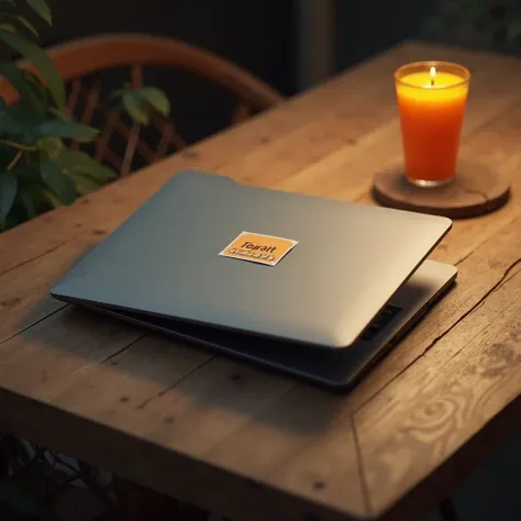 laptop half-open, seen from above, rectangular sticker stuck askew, on a wooden table, a glass of orange juice, (best quality,4k,8k,highres,masterpiece:1.2),ultra-detailed,(realistic,photorealistic,photo-realistic:1.37),HDR,studio lighting,extremely detail...