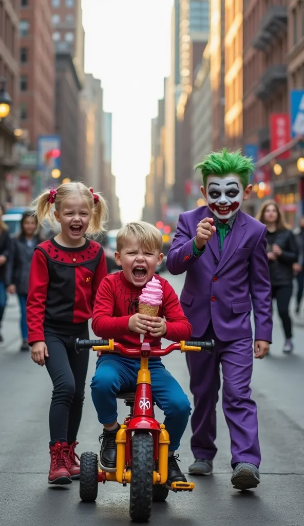 "A highly realistic photograph capturing a humorous and dramatic moment on a busy city street in the late afternoon. The background features urban buildings, pedestrians walking by, some watching the scene curiously, and vehicles moving along the road. The...