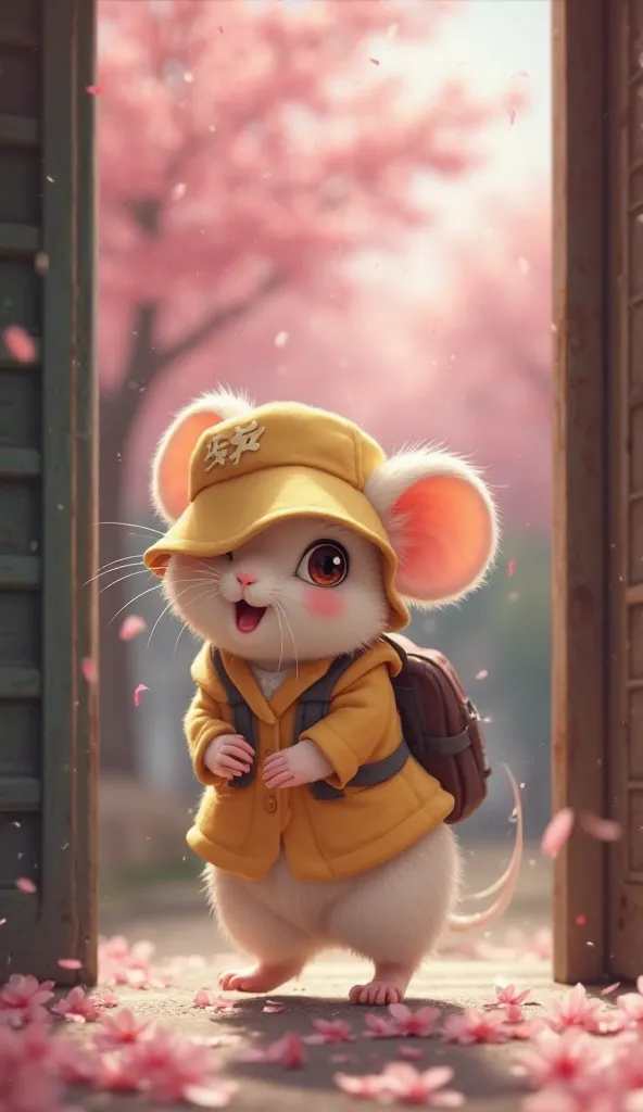  Fantastic　realistic footage　Japan Elementary School　Door　Under the cherry blossoms　 yellow hat　backpack　Cute fluffy mouse with wide eyes