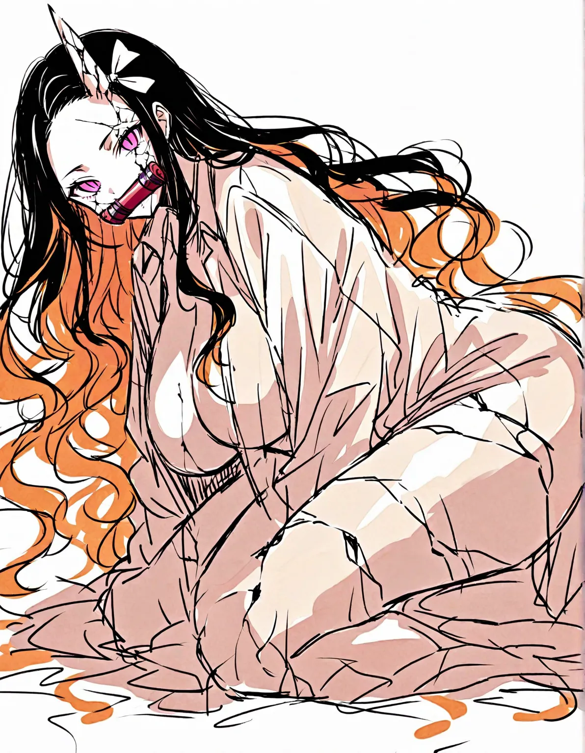 1girl, solo, alone, nezuko kamado, detailed black hair, forehead, hair ribbon, long hair, detailed multicolored hair, pink eyes, orange hair, slit pupils, wavy hair, two-tone hair, gradation hair,, (orga one horn):1.5,, single horn:1.5,, cracked skin, tato...