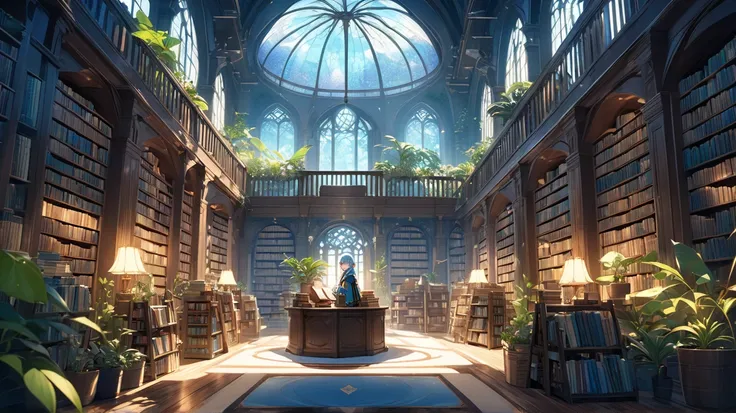 
anime style、Fantasy Scenery: " fantastic, A library with lots of books arranged on tall bookshelves,Lots of plants、 Indirect Lighting, Mysterious miscellaneous goods、." A beautiful elf with a smile and blue hair,,
