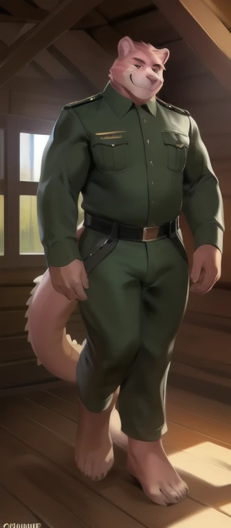 Solo, man big Tall,model tall, huge​ body,​standing, attic,Pink bear mammoth​,tail crocodile​ long​, black green Army uniform, overweight, muscular, smirking, by chunie​