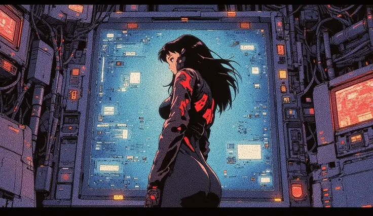 Masamune Shirow's Ghost in the Shell style blended with 80s/90s anime aesthetics like Akira, a full-body anime character from the top of her head to the tips of her feet with a sporty, athletic physique and toned curves, positioned centrally in a wide comp...