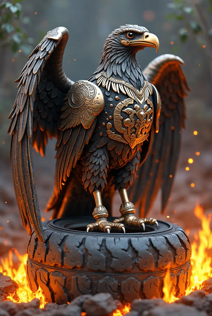 Royal metal eagle with Aztec armor, on a burning tire and some letters in the middle that say Legion Azteca