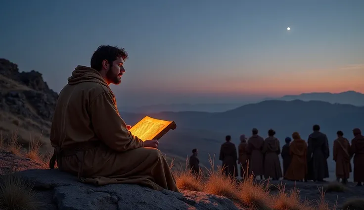 Elihu teaching outcasts in the hills, sitting on a rock with a glowing scroll unrolled. His face is gentle, his robe dusty. Around him, the lame and poor listen raptly under a twilight sky, a single star shining above."