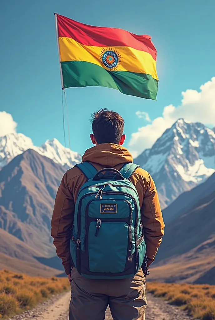 photo of a traveler seen from behind with his traveling backpack looking into a hologram type GPS floating in the air that indicates the location to Bolivia (The country Bolivia or its flag Bolivia) y is colorful and a Illimani landscape in the background ...