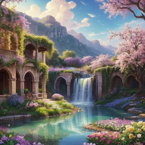 baptism,Baptism,Garden of Eden,Colorful,Dreamy landscape, cloud, light piercing through the cloud, Reflection on the surface of the water, Gentle waterfall,flower々, flower ,Quiet atmosphere, Richness in details, Surreal beauty, Magical Aura, Fantasy Landsc...