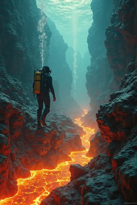 Divers swim in lava